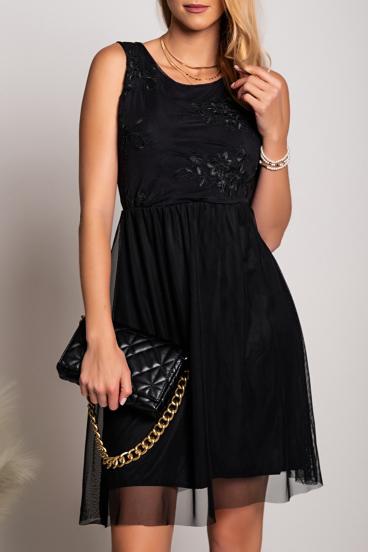 Vestido elegante con escote redondo y detalle de bordado Dilana, negro