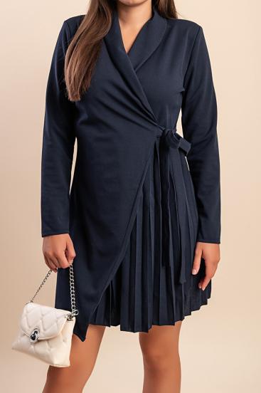 MINI VESTIDO ELEGANTE CON ESCOTE CRUZADO Y FALDA PLISADA DENVER, AZUL OSCURO