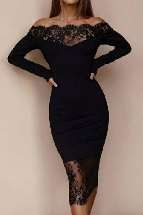 Elegante vestido midi de manga larga y detalle de encaje transparente Avignon, negro
