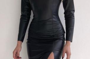 Elegante mini vestido de cuero artificial con abertura Urania, negro