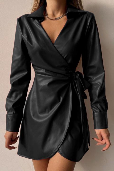 Elegante mini vestido de piel sintética con cuello con solapa Pellita, negro