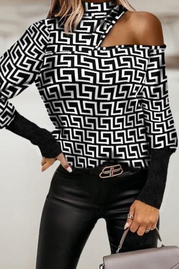 Camiseta elegante con estampado geométrico y escote Venitya, negra