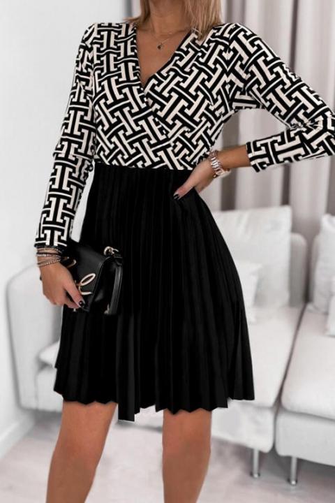 Elegante mini vestido con falda plisada y estampado geométrico Leonessa, negro