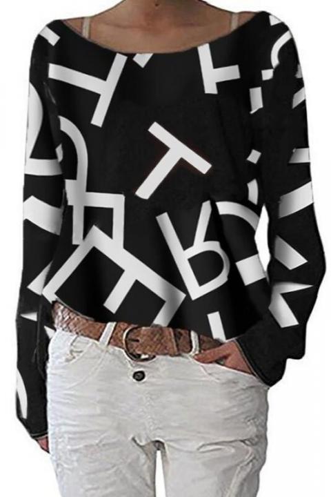 Elegante blusa de manga larga con estampado de letras Osmana, negra