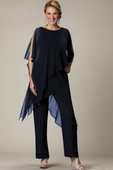 Conjunto de elegante túnica transparente y pantalón largo Claudette, azul oscuro