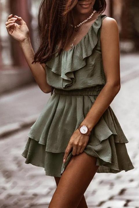 Mini vestido elegante con volantes Caltana, verde oliva