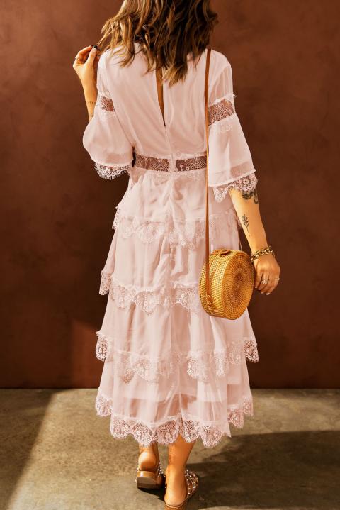 Vestido midi elegante con detalles de encaje transparente Tiziana, rosa