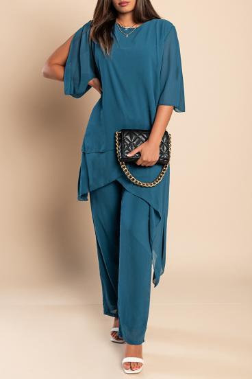 Conjunto de elegante túnica transparente y pantalón largo Claudette, petróleo