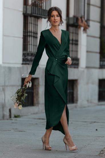 Vestido midi elegante con escote cruzado, volantes y mangas 3/4 Brynlee, verde oscuro