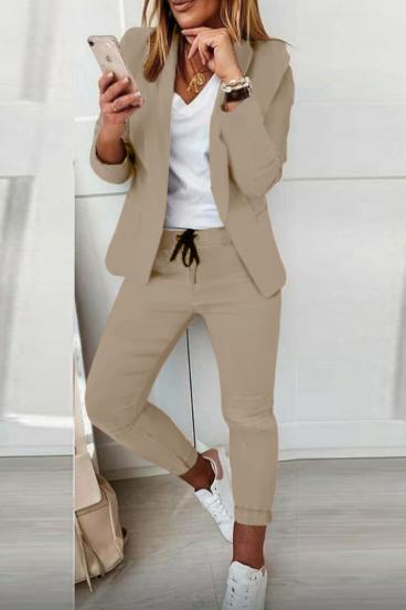 Conjunto pantalón con blazer elegante monocolor Estrena, beige
