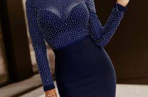 Mini vestido elegante con diamantes de imitación Jenelle, Azul Marino