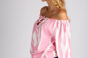 Blusa holgada con escote barco con cordón Inessa, blanca y rosa