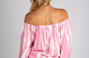 Blusa holgada con escote barco con cordón Inessa, blanca y rosa