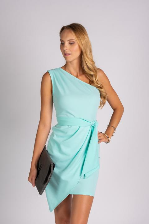 Elegante mini vestido de un hombro y falda cruzada Ireland, turquesa