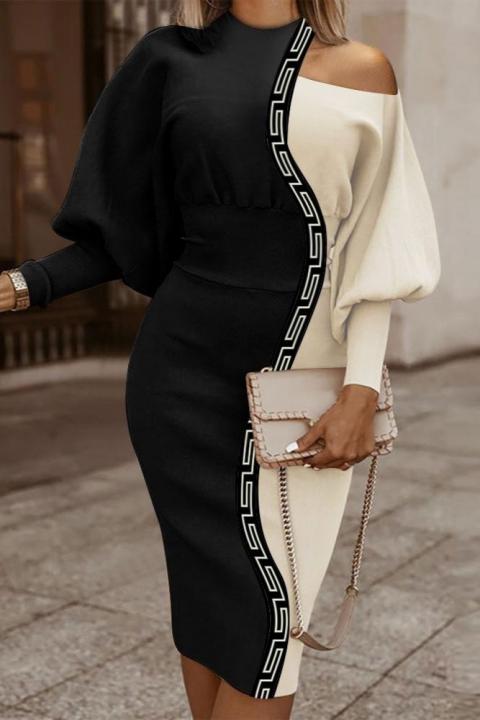 Elegante vestido midi con estampado geométrico, negro y beige