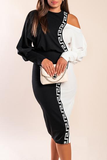 Elegante vestido midi con estampado geométrico, blanco y negro
