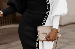 Elegante vestido midi con estampado geométrico, blanco y negro