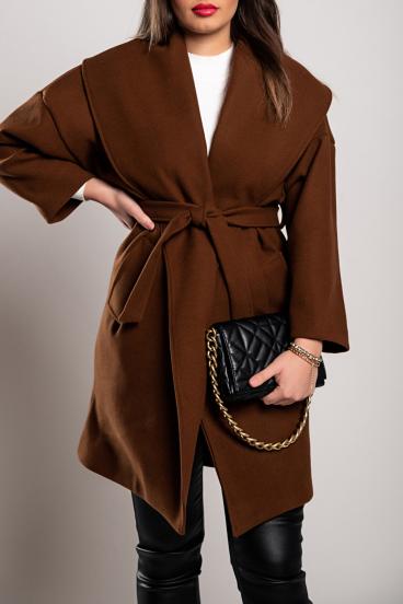 Elegante abrigo corto de cuello ancho con solapa, marrón
