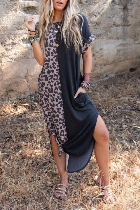 Maxi vestido elegante con estampado de leopardo, negro