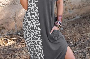 Maxi vestido elegante con estampado de leopardo, gris