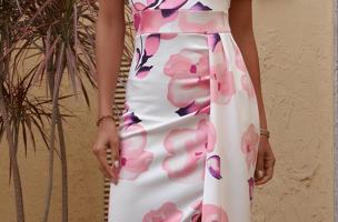 Elegante vestido midi con estampado floral, rosa
