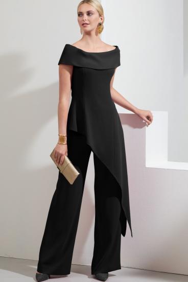 Elegante conjunto de top asimétrico y pantalón, negro