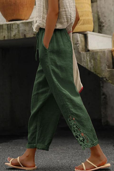 Pantalón elegante de algodón con puntilla, verde oliva