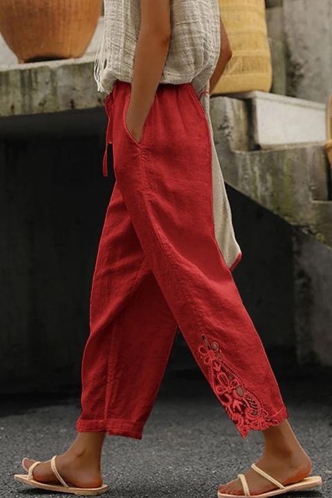 Pantalón elegante de algodón con encaje, rojo
