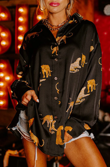 Camisa larga con estampado de guepardo, negra