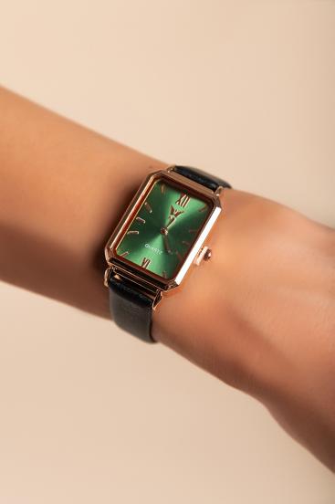 Reloj elegante con correas de piel sintética, negro.