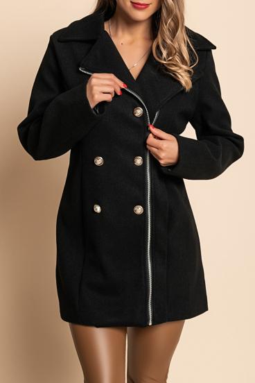 Abrigo elegante con botones y cremallera, negro
