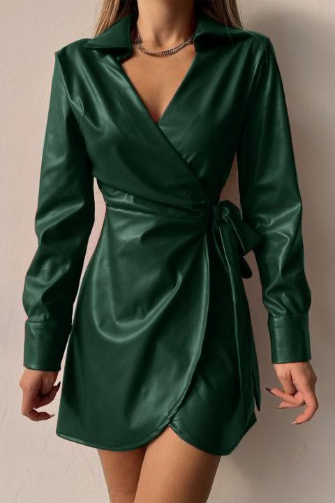 Elegante mini vestido de piel sintética con cuello con solapa Pellita, verde oscuro