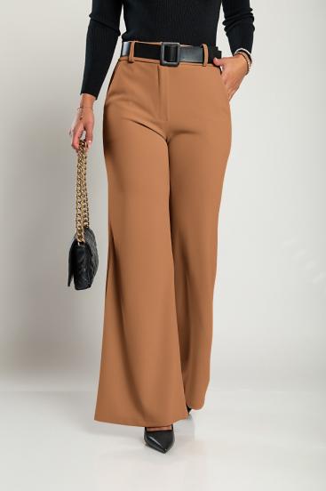 Elegante pantalón largo con cinturón Solarina, camel