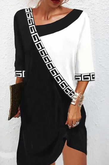 Vestido elegante con estampado geométrico, blanco y negro