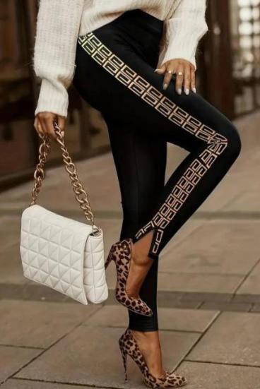 Elegantes leggings de piel sintética con estampado geométrico Margaretta, negro y beige