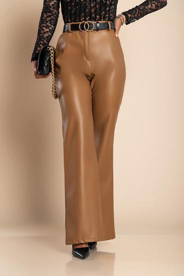 Pantalón largo elegante de polipiel, camel