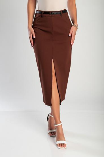 Elegante falda midi con cinturón, marrón