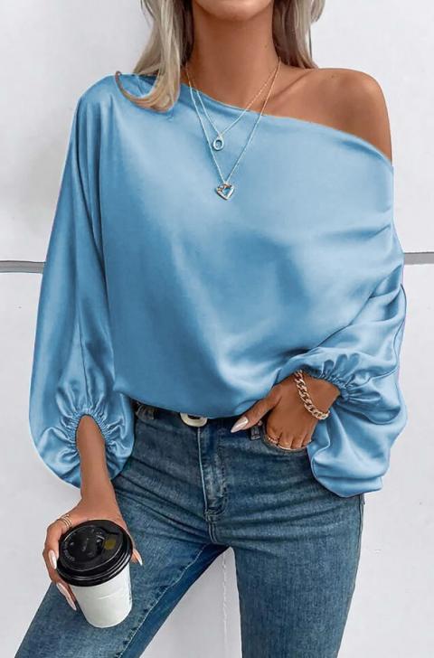 Blusa elegante con escote asimétrico, azul claro