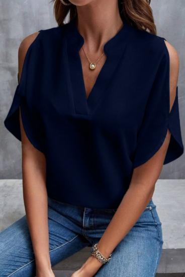 Elegante blusa holgada con escote en "V", azul oscuro