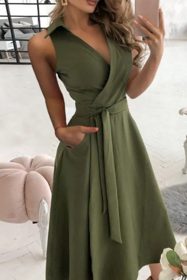 Elegante vestido midi con cuello, verde oliva