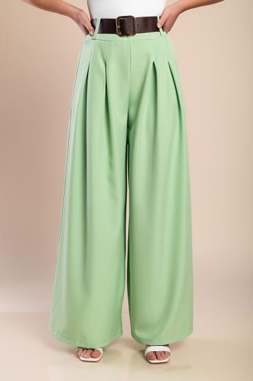 Pantalón largo elegante con cinturón, verde claro.