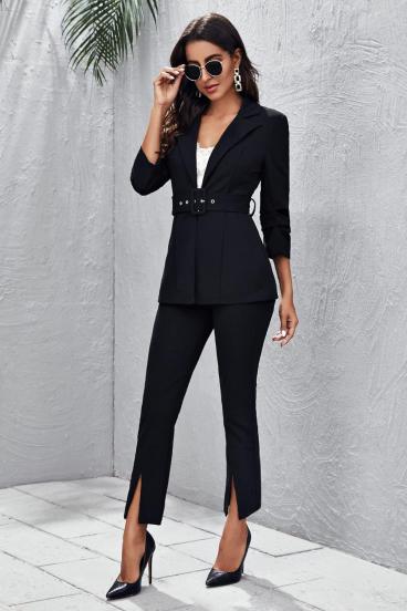 Elegante conjunto de blazer y pantalón con cinturón, negro