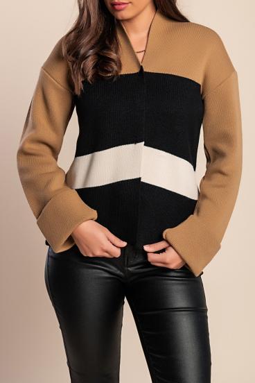 Cárdigan de punto con cuello en "V", beige/negro/blanco