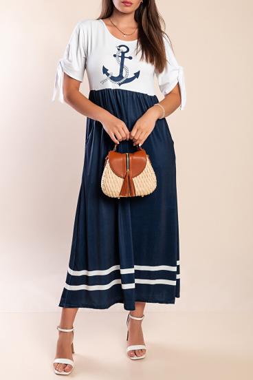Vestido midi con estampado de ancla, blanco/azul marino
