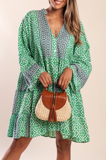 Vestido mini de algodón estampado, verde