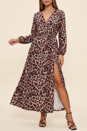 Vestido largo con estampado de leopardo, beige