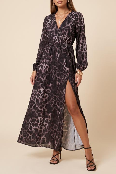Vestido largo con estampado de leopardo, gris