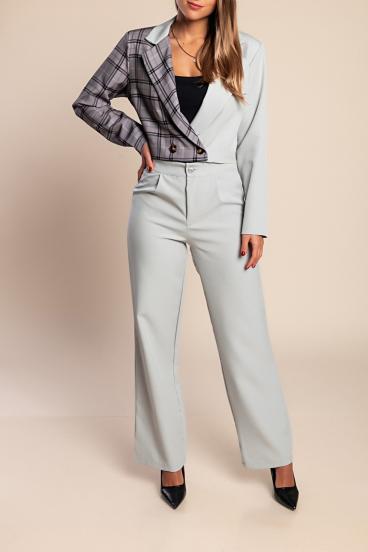 Elegante conjunto de blazer y pantalón con estampado de cuadros, gris