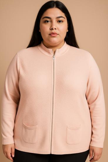 Cárdigan de punto de talla grande con cremallera, rosa claro