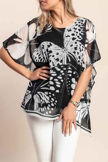 Blusa con estampado de mariposas, color negro